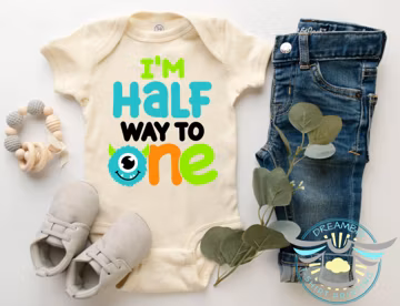 I'm Half Way To One, Half 1/2 Birthday Baby Onesie® 1st First Half Birthday, 6 Months Baby Birthday Onesie® Monster Baby Onesie® Natural
