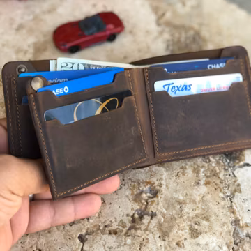 Personalized Bifold Leather Wallet, Crazy Horse Brown, Slim Minimalist Design