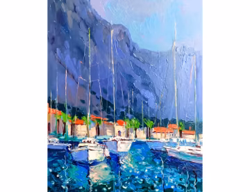 Large Seascape Painting: Sailboats, Impasto Oil Painting