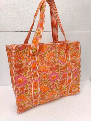 Handmade Quilted Cotton Tote Bag: Large Floral Print Shopping Bag