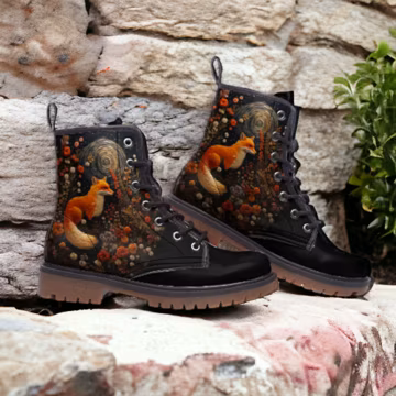 Faux-embroidery Fox & Moon Vegan Boots, Dark Forestcore Fox Boots, Dark Naturecore Fox Faux-Leather Boots, Ren Faire Boots, Witchy Fox Boots