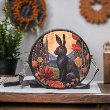 Gothic Rabbit in Garden Moon Round bag, Rabbit Moon Boho Crossbody Bag, Dark Cottagecore Purse, Whimsigoth Vegan Leather Boho Witchy Handbag