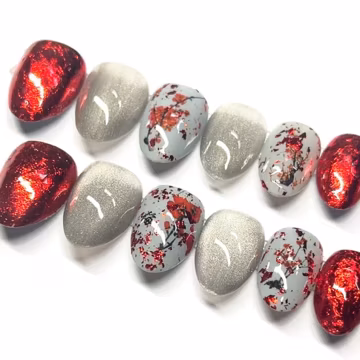 Press On Nails Gray Red Cat Eye, Asian Beauty, Hand painted, XS Almond (Set of 24)