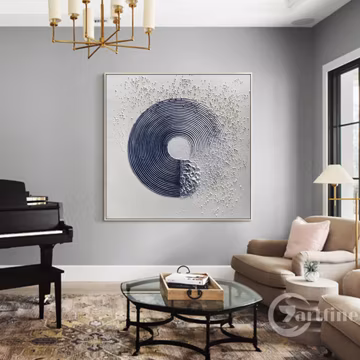 Navy Blue Abstract wall art Textured Large Enso Circle Canvas Painting Minimalist Living Room Decor