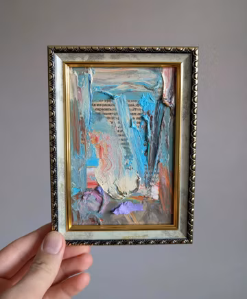 Impasto Texture Small Abstract Oil Painting: Blue and Gray Tones, Textured Art (6x4 in)