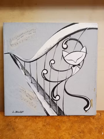 Tableau Composition Mixte Huile Panneau LAURENCE NOLLEAU Chat Avec Harpe #C913