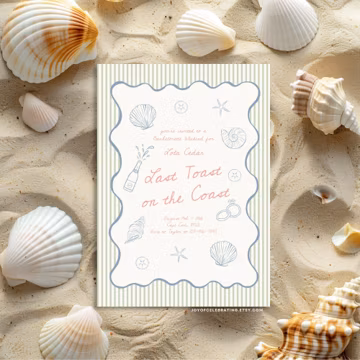 Lola | Last Toast on the Coast Bachelorette Invitation Template, Hand Drawn Seashells Coastal Themed Hens Party, Blue Green Ocean Invite