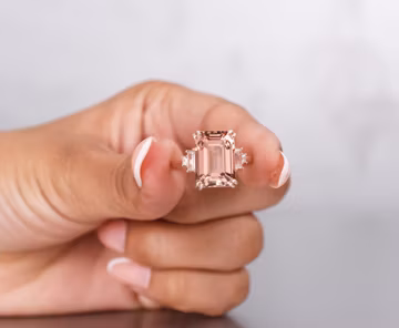 Emerald Cut Morganite Engagement Ring: Vintage Solid 14K Rose Gold Wedding Ring, Birthstone Jewelry, Anniversary Gift For Her