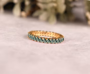 Baguette Cut Green Sapphire Weeding Band, Full Eternity Stackable Ring, Anniversary Ring Gift for love