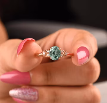 Mint Green Sapphire Oval Engagement Ring, Vintage Bridal Moissanite Accent 14K Gold or Silver