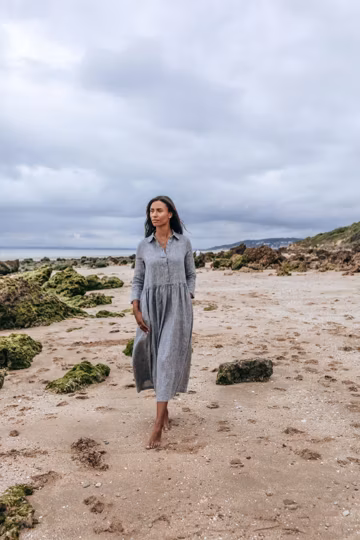 Long 100% Linen Collar Dress/ 1245