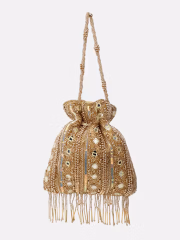 Potli Bag Golden - Beaded Bridal Drawstring Bag embroidered pouch