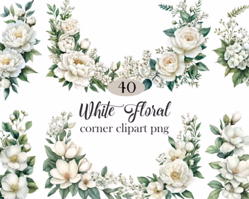 White Floral Clipart, Watercolor White Flower Corner PNG