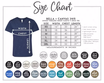 Bella + Canvas 3415 Size + Color Chart (2 versions included with & without branding) • Bella Canvas Triblend V-Neck T-Shirt • BC3415