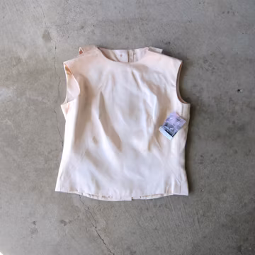 50s Sleeveless Satin Blouse Minimal Ivory Back Button Top with Ascot Tie