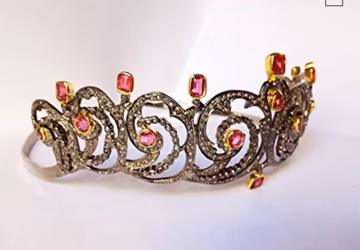 Silver, Rose Cut Diamond & Ruby Tiara Crown