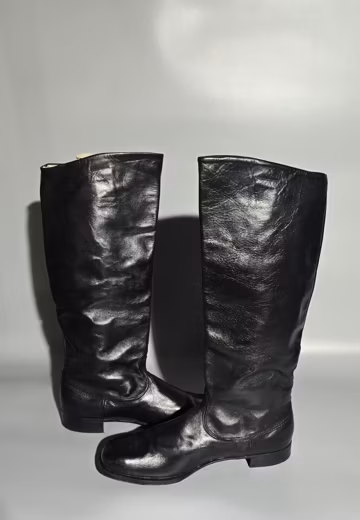 Vintage Chrome Finish Tall Boots, Black Classic Style, Retro Footwear, USSR Vintage