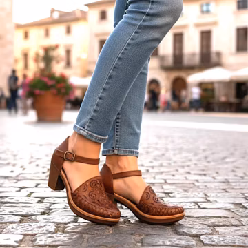 Handmade Mexican Leather Heels for Women with Cutout Flower Design and Gold Sequins, Mexican shoes, leather shoes, Artisan Chunky Heel Shoes