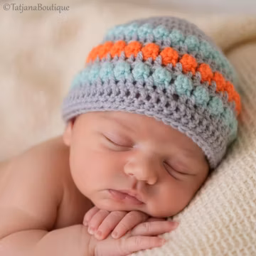 Baby Crochet Hat Beanie Unisex Design, Grey Mint Orange Yarn, 3 Sizes