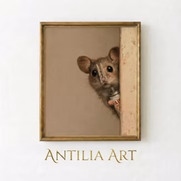 Funny Mouse Printable Wall Art, Vintage Whimsical Peeking Animal Painting, Cottagecore Toilet Decor, Neutral Beige Bathroom Digital Download