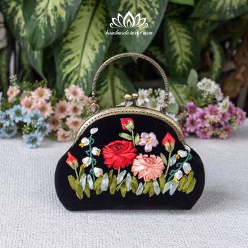 Clasp purse for women | Beautiful Ribbon Embroidery | Kiss lock clutch bag