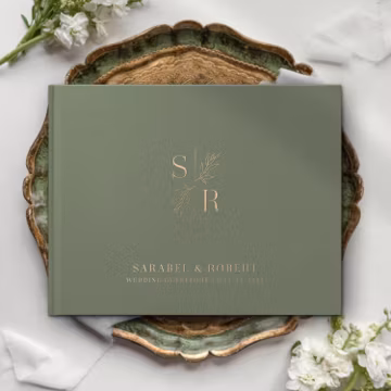 Minimalist Wedding Guest book, Green Personalized GuestBook, Hardcover Photo Album, Modern Gold Foil wedding guestbook, Elegant Olive album