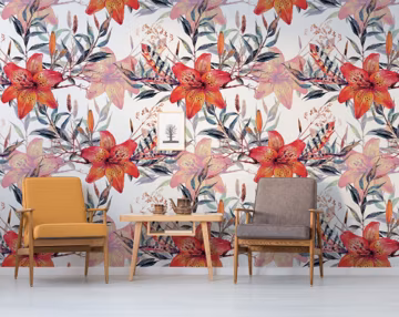 White wallpaper with red lily flowers, self adhesive, peel and stick floral wall mural