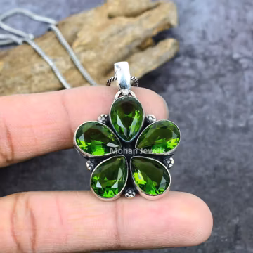 Handmade Peridot Flower Pendant: Silver Plated Chain, Birthstone Jewelry