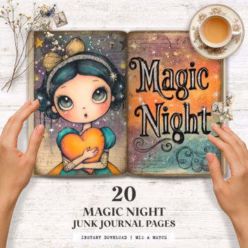 Magic Night Junk Journal Pages | Whimsical Printable Kit | Vintage Starry Art Journal Paper | Celestial Cute Animal Ephemera