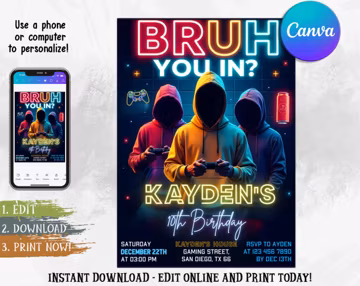 Neon Gamer Birthday Invitation: Bruh Teen Party, Editable Canva Template (Digital Download 5x7 in)