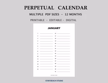 Perpetual Calendar Printable, Editable PDF, Birthday - Annual events Minimal Planner Calendar, Letter A4 A5 Half Letter sizes, goodnotes
