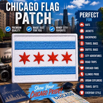 Chicago City Flag Patch/Iron-On Patch/Custom Sizes/Embroidered Sew-On Applique for Clothing, Vest/Jacket, Hats, Backpacks, Uniforms, Gear
