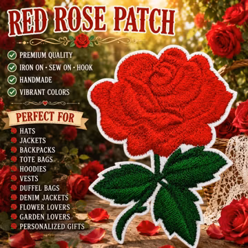 Red Rose Patch (Small) Iron On Embroidered Patches, Long Stem Rose, Valentines Day Gift, Red Rose Applique Patch, Leaves, Stem, Flower Badge