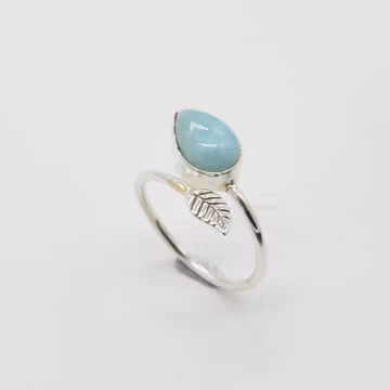 Handmade Pear Larimar Ring: 925 Sterling Silver Leaf Design