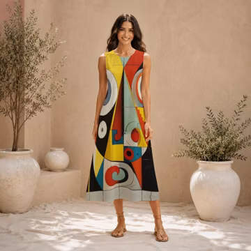 Kandinsky Art Abstact Print 100% Cotton Loose Sleeveless Dress + Pockets, Flowy A-Line Sundress, Boho Comfy Casual Plus Size, Custom Gifts