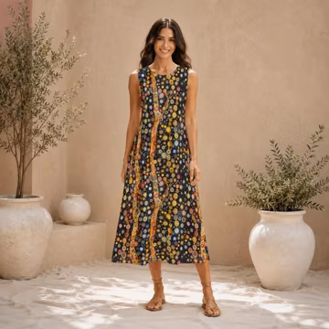 Klimt Artistic Abstract Print 100% Cotton Loose Sleeveless Dress + Pockets, Flowy A-Line Sundress, Boho Comfy Casual Plus Size, Custom Gifts