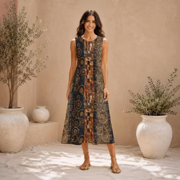 Klimt Artistic Abstract Print 100% Cotton Loose Sleeveless Dress + Pockets, Flowy A-Line Sundress, Boho Comfy Casual Plus Size, Custom Gifts