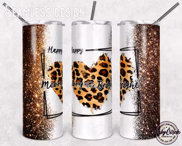 Merry And Bright PNG Tumbler 20 oz Skinny Tumbler, Merry Christmas Tumbler warp, Cheetah Sublimation Design PNG