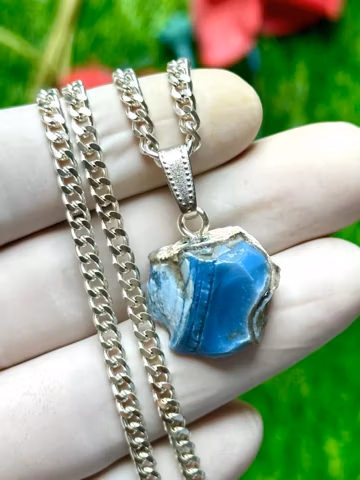 Raw Blue Opal Pendant 23x20mm, Natural Rough Opal Necklace, Wire Wrapped Gemstone Gift