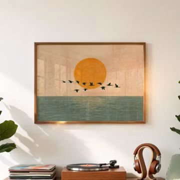 Mid Century Modern Rising Sun Above Bed Art, Japanese Abstract Landscape Art Painting, Wabi Sabi Wall Art, Horizontal, Digital Download