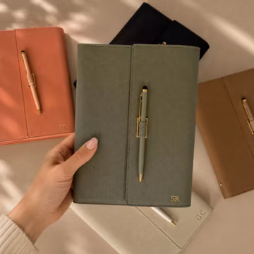 Personalised A5 PU Leather Binder: Hand Stamped Monogram Refillable Journal with Matching Pen