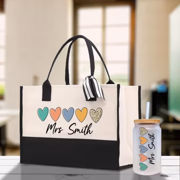 Personalized Teacher Tote Bag: Heart Design, Custom Name Gift (TCT1006)