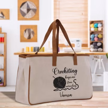 Personalized Crochet Project Bag: Cotton Canvas Tote with Leather Handles (CHB1005)
