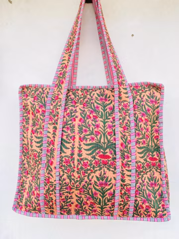 Indian Floral Block Print Tote Bag/Indian Handmade Bag/Shopping Bag/Market Bag/Quilted Bag/Women Handbag/Large Cotton Shopper Bag For Women