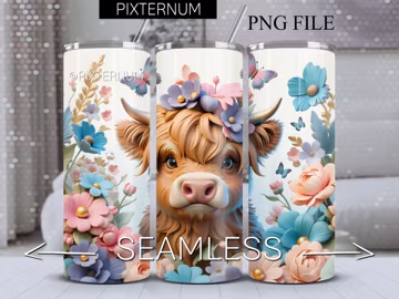 Seamless 3D Highland Cow Tumbler Wrap, Calf Flowers PNG 3D Tumbler Design, Straight 20oz Skinny Tumbler, Sublimation Design