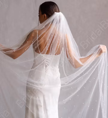 Pearl single layer cathedral bridal veil with scattered pearls for modern stylish wedding