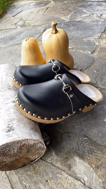 Swedish Wooden Clogs: Stylish Black Leather Heeled Clogs