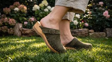 Green Leather Clogs with Wooden Sole and Antique Studs