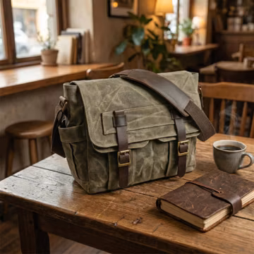 Mens Vintage Waxed Canvas Messenger Bag, Leather Crossbody Tablet Satchel, Waterproof Work Bag, Personalized Gift for Him