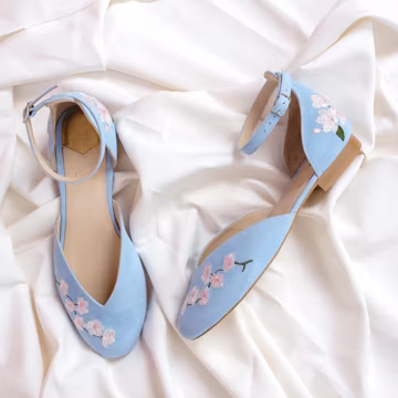 Blue Bridal Flats with Sakura Handmade Embroidery, Wedding Shoes with V-Notched Vamp, Almond Toe, Ankle Strap, Bridal Shoes with Flat Heel